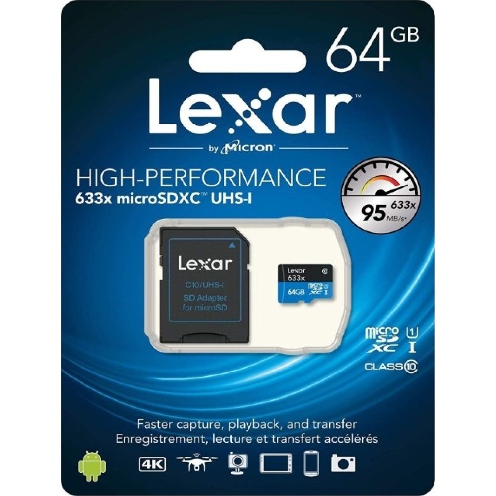 Lexar 633x MicroSDHC/SDXC UHS-I Card with Adaptor 100MBPS, 64GB