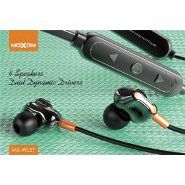 Moxom MX-WL27 In Ear Wireless Bluetooth V5.0 Magnetic Sport Headset Dual Dynamic Drivers 4 Speakers - Black